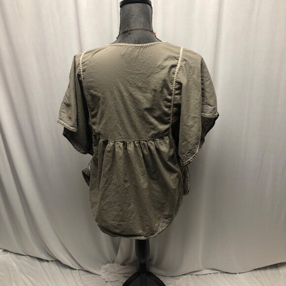 Relativity Embroidered Cotton Boho Top Womens Size Large Olive Green V-Neck - Picture 4 of 8